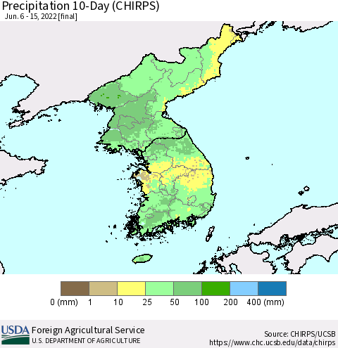 Korea Precipitation 10-Day (CHIRPS) Thematic Map For 6/6/2022 - 6/15/2022