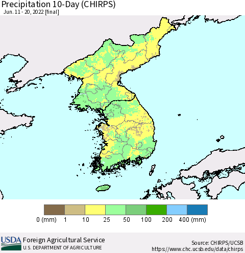 Korea Precipitation 10-Day (CHIRPS) Thematic Map For 6/11/2022 - 6/20/2022