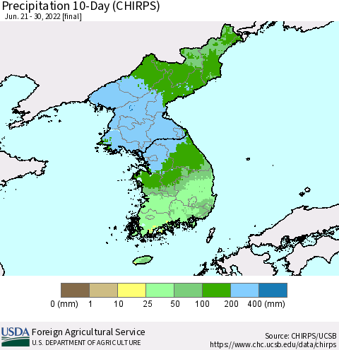 Korea Precipitation 10-Day (CHIRPS) Thematic Map For 6/21/2022 - 6/30/2022