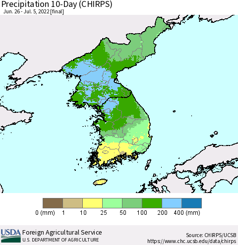 Korea Precipitation 10-Day (CHIRPS) Thematic Map For 6/26/2022 - 7/5/2022