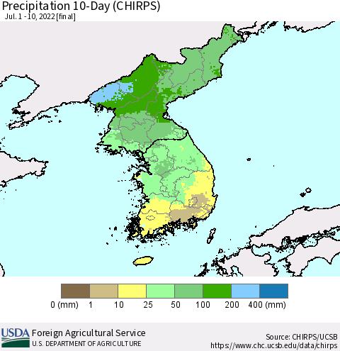 Korea Precipitation 10-Day (CHIRPS) Thematic Map For 7/1/2022 - 7/10/2022