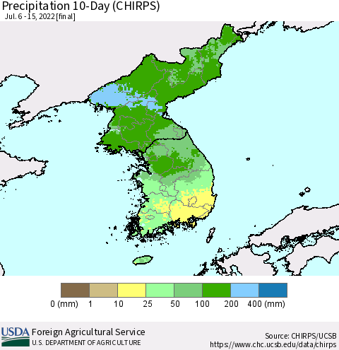 Korea Precipitation 10-Day (CHIRPS) Thematic Map For 7/6/2022 - 7/15/2022