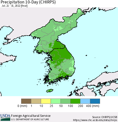 Korea Precipitation 10-Day (CHIRPS) Thematic Map For 7/21/2022 - 7/31/2022
