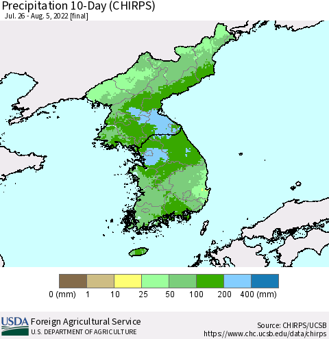 Korea Precipitation 10-Day (CHIRPS) Thematic Map For 7/26/2022 - 8/5/2022