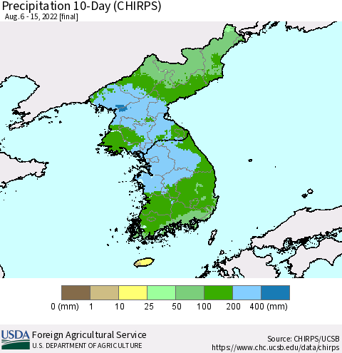 Korea Precipitation 10-Day (CHIRPS) Thematic Map For 8/6/2022 - 8/15/2022