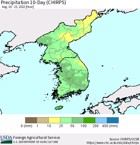 Korea Precipitation 10-Day (CHIRPS) Thematic Map For 8/16/2022 - 8/25/2022
