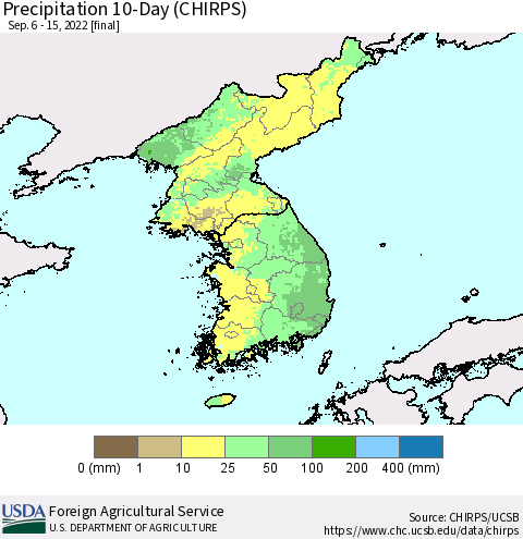 Korea Precipitation 10-Day (CHIRPS) Thematic Map For 9/6/2022 - 9/15/2022