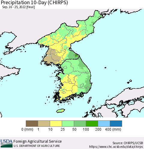 Korea Precipitation 10-Day (CHIRPS) Thematic Map For 9/16/2022 - 9/25/2022