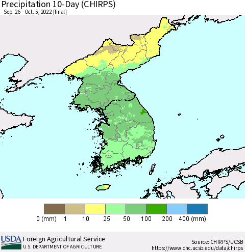 Korea Precipitation 10-Day (CHIRPS) Thematic Map For 9/26/2022 - 10/5/2022