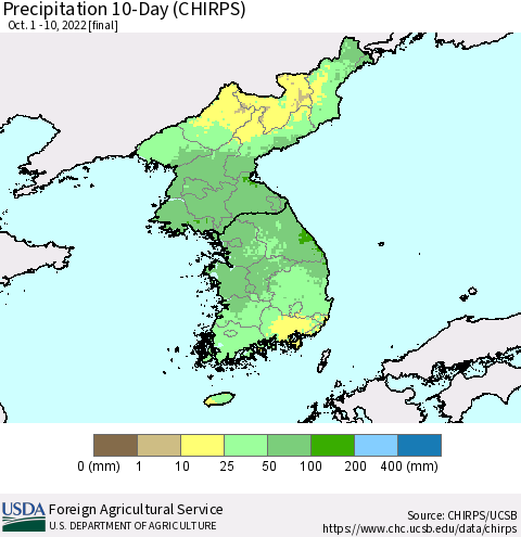 Korea Precipitation 10-Day (CHIRPS) Thematic Map For 10/1/2022 - 10/10/2022