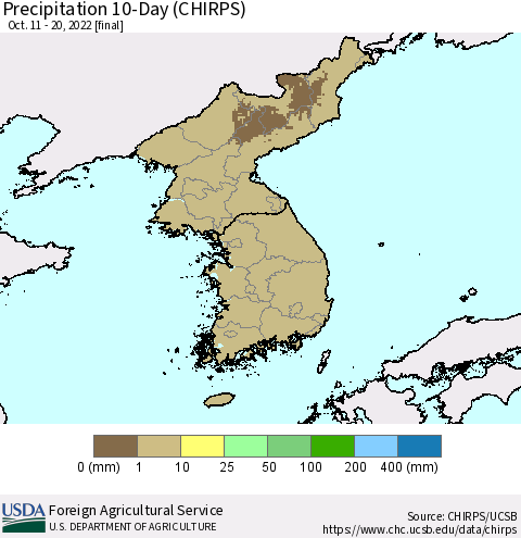 Korea Precipitation 10-Day (CHIRPS) Thematic Map For 10/11/2022 - 10/20/2022