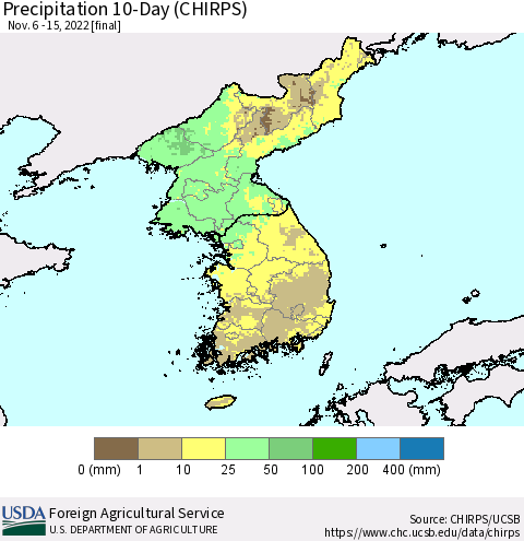 Korea Precipitation 10-Day (CHIRPS) Thematic Map For 11/6/2022 - 11/15/2022