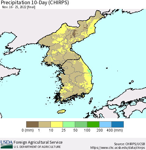 Korea Precipitation 10-Day (CHIRPS) Thematic Map For 11/16/2022 - 11/25/2022