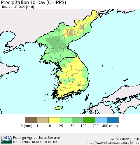 Korea Precipitation 10-Day (CHIRPS) Thematic Map For 11/21/2022 - 11/30/2022
