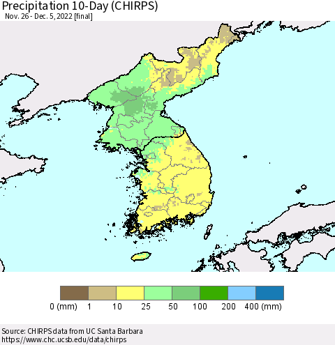 Korea Precipitation 10-Day (CHIRPS) Thematic Map For 11/26/2022 - 12/5/2022