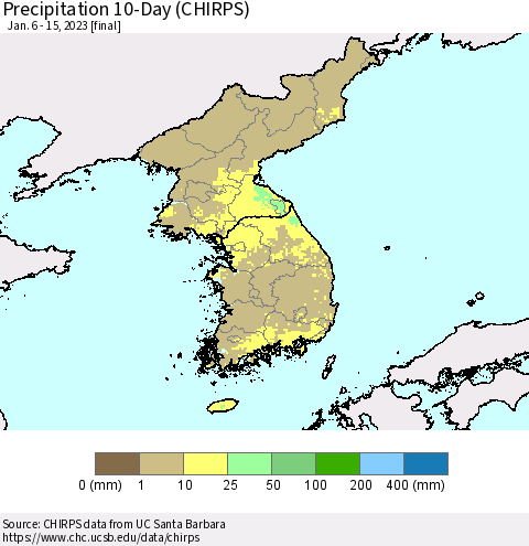 Korea Precipitation 10-Day (CHIRPS) Thematic Map For 1/6/2023 - 1/15/2023