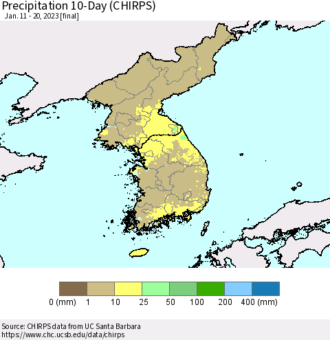 Korea Precipitation 10-Day (CHIRPS) Thematic Map For 1/11/2023 - 1/20/2023