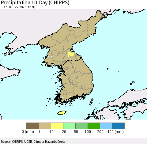 Korea Precipitation 10-Day (CHIRPS) Thematic Map For 1/16/2023 - 1/25/2023