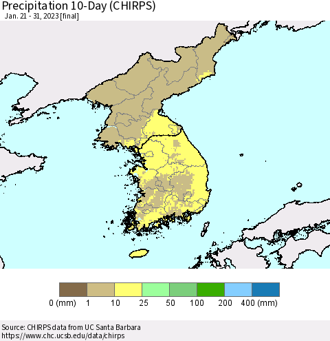 Korea Precipitation 10-Day (CHIRPS) Thematic Map For 1/21/2023 - 1/31/2023