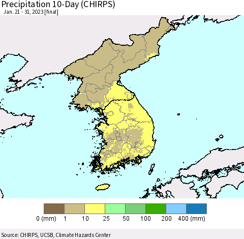 Korea Precipitation 10-Day (CHIRPS) Thematic Map For 1/21/2023 - 1/31/2023