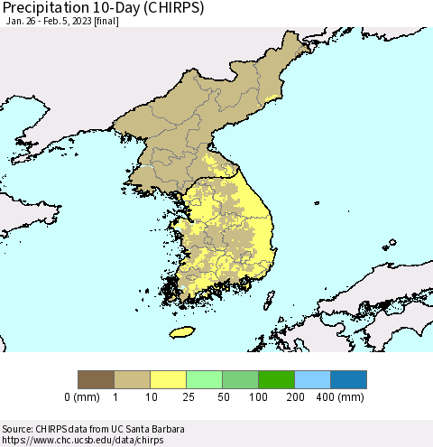 Korea Precipitation 10-Day (CHIRPS) Thematic Map For 1/26/2023 - 2/5/2023