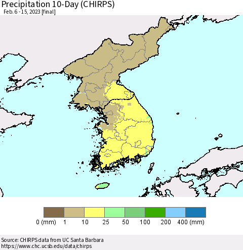 Korea Precipitation 10-Day (CHIRPS) Thematic Map For 2/6/2023 - 2/15/2023