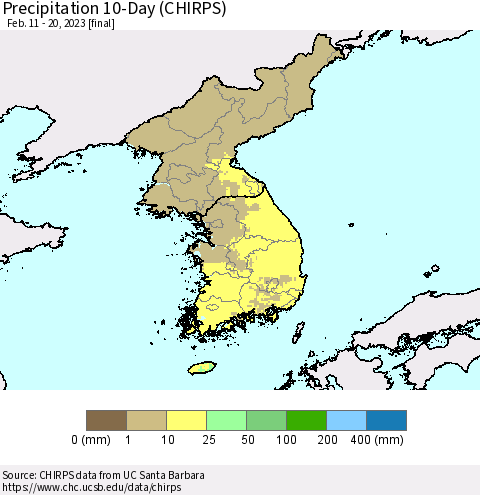 Korea Precipitation 10-Day (CHIRPS) Thematic Map For 2/11/2023 - 2/20/2023