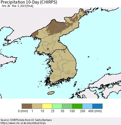 Korea Precipitation 10-Day (CHIRPS) Thematic Map For 2/26/2023 - 3/5/2023