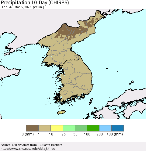 Korea Precipitation 10-Day (CHIRPS) Thematic Map For 2/26/2023 - 3/5/2023