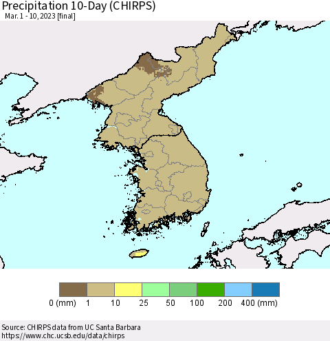 Korea Precipitation 10-Day (CHIRPS) Thematic Map For 3/1/2023 - 3/10/2023