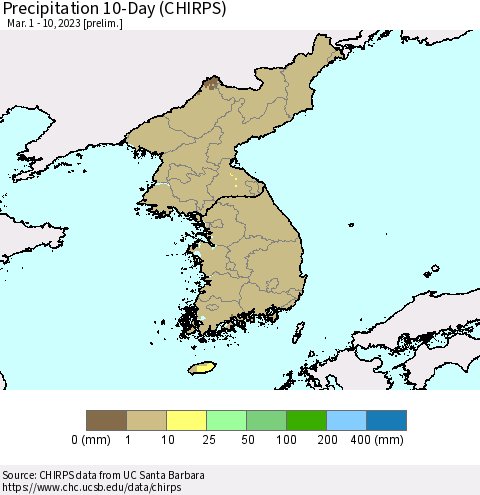 Korea Precipitation 10-Day (CHIRPS) Thematic Map For 3/1/2023 - 3/10/2023