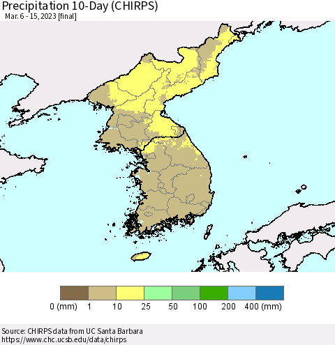 Korea Precipitation 10-Day (CHIRPS) Thematic Map For 3/6/2023 - 3/15/2023