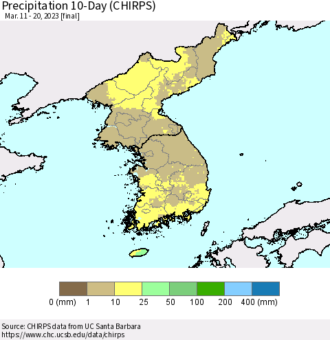 Korea Precipitation 10-Day (CHIRPS) Thematic Map For 3/11/2023 - 3/20/2023