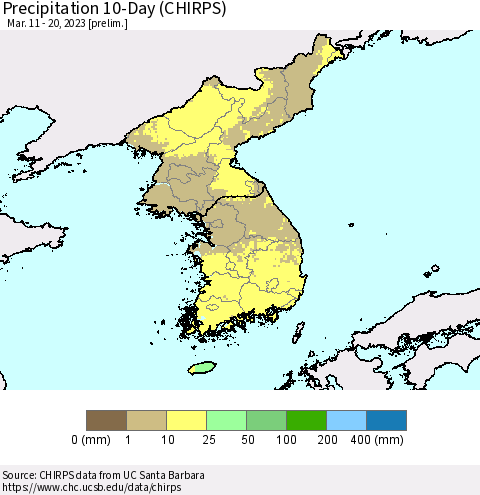 Korea Precipitation 10-Day (CHIRPS) Thematic Map For 3/11/2023 - 3/20/2023