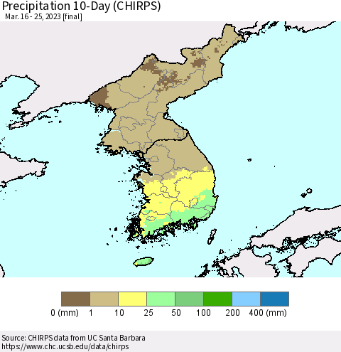 Korea Precipitation 10-Day (CHIRPS) Thematic Map For 3/16/2023 - 3/25/2023