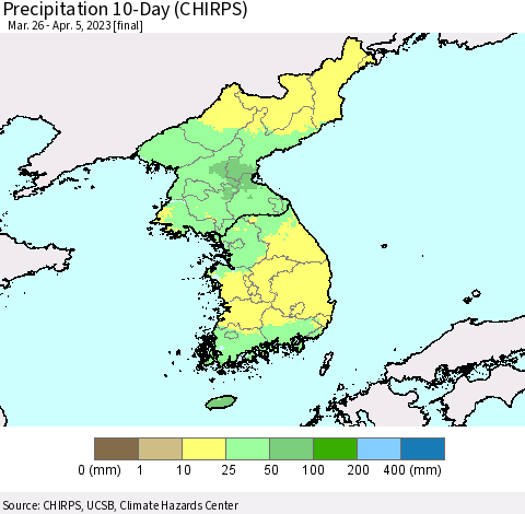 Korea Precipitation 10-Day (CHIRPS) Thematic Map For 3/26/2023 - 4/5/2023