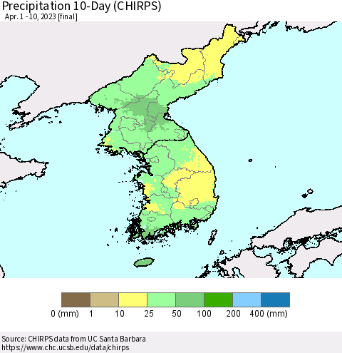 Korea Precipitation 10-Day (CHIRPS) Thematic Map For 4/1/2023 - 4/10/2023