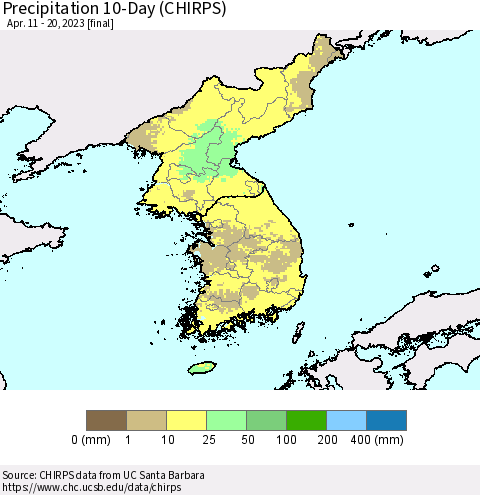 Korea Precipitation 10-Day (CHIRPS) Thematic Map For 4/11/2023 - 4/20/2023