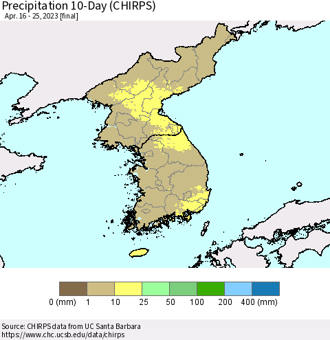 Korea Precipitation 10-Day (CHIRPS) Thematic Map For 4/16/2023 - 4/25/2023