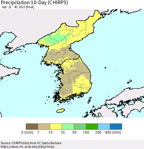 Korea Precipitation 10-Day (CHIRPS) Thematic Map For 4/21/2023 - 4/30/2023