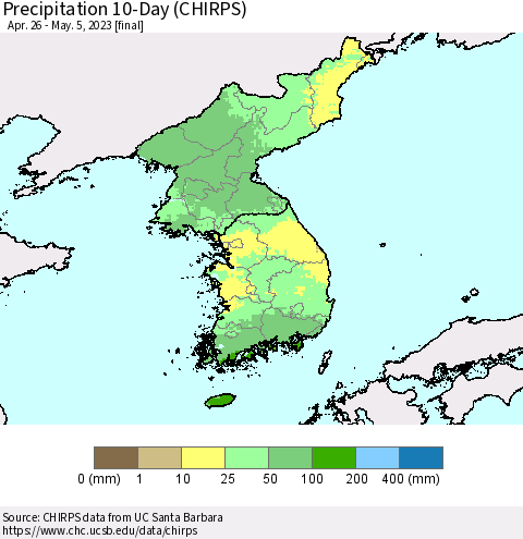 Korea Precipitation 10-Day (CHIRPS) Thematic Map For 4/26/2023 - 5/5/2023