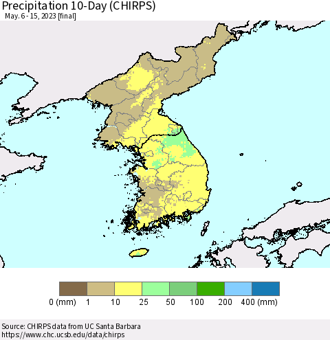 Korea Precipitation 10-Day (CHIRPS) Thematic Map For 5/6/2023 - 5/15/2023