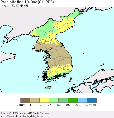 Korea Precipitation 10-Day (CHIRPS) Thematic Map For 5/11/2023 - 5/20/2023