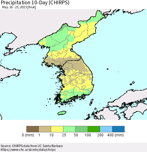 Korea Precipitation 10-Day (CHIRPS) Thematic Map For 5/16/2023 - 5/25/2023