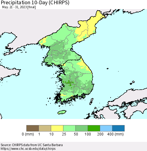 Korea Precipitation 10-Day (CHIRPS) Thematic Map For 5/21/2023 - 5/31/2023