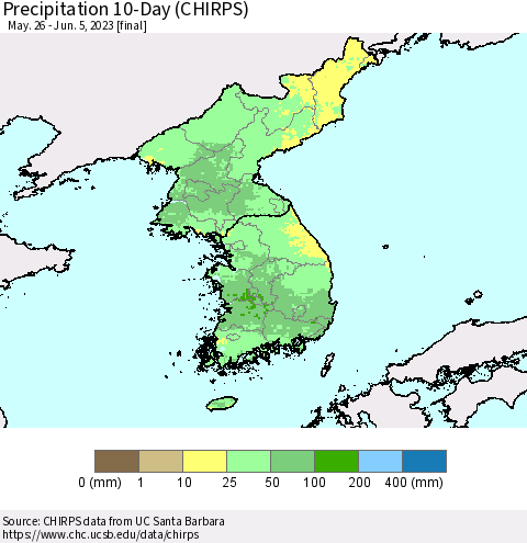 Korea Precipitation 10-Day (CHIRPS) Thematic Map For 5/26/2023 - 6/5/2023