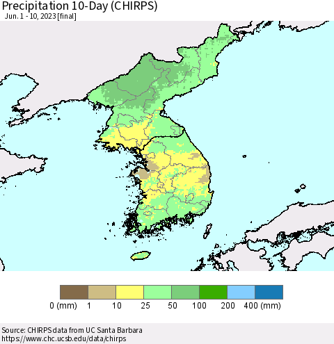 Korea Precipitation 10-Day (CHIRPS) Thematic Map For 6/1/2023 - 6/10/2023