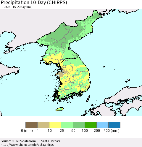 Korea Precipitation 10-Day (CHIRPS) Thematic Map For 6/6/2023 - 6/15/2023