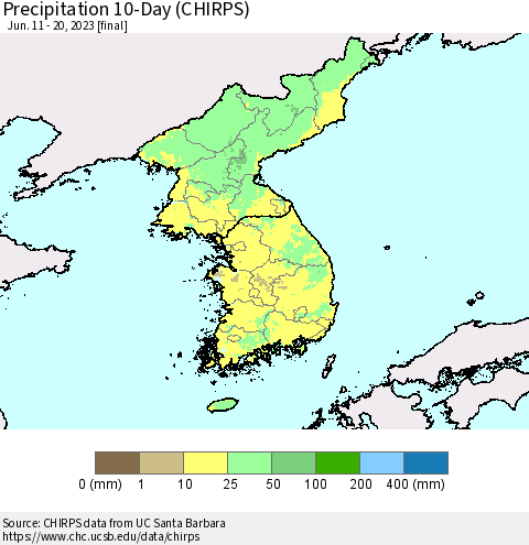 Korea Precipitation 10-Day (CHIRPS) Thematic Map For 6/11/2023 - 6/20/2023