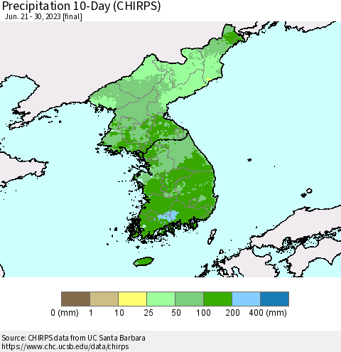 Korea Precipitation 10-Day (CHIRPS) Thematic Map For 6/21/2023 - 6/30/2023